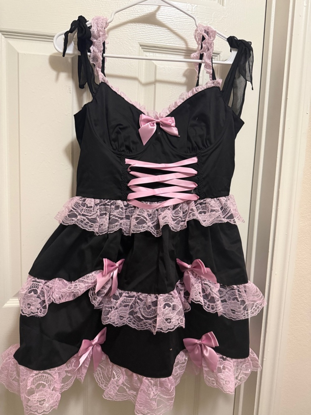 Black & Pink Lace Mini Dress with Bow Accent